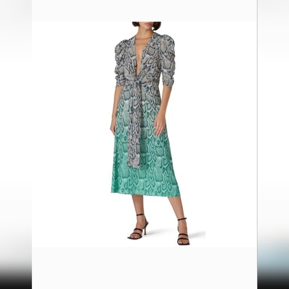AFRM Snake Print Midi Dress Size M Puff Sleeve Tie Waist Green Ombre Python - Picture 2 of 13